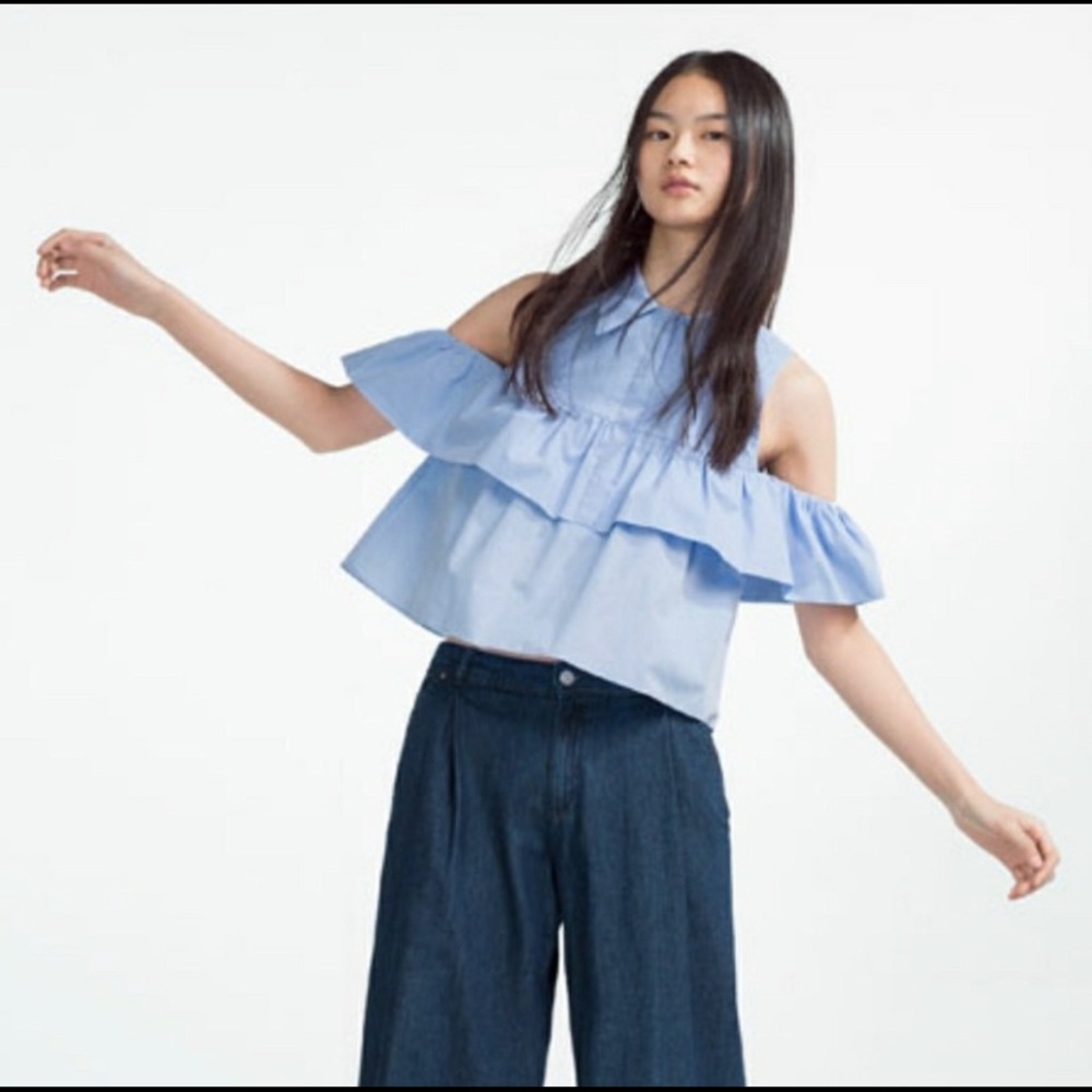 Zara Blue Collared Cutout Blouse